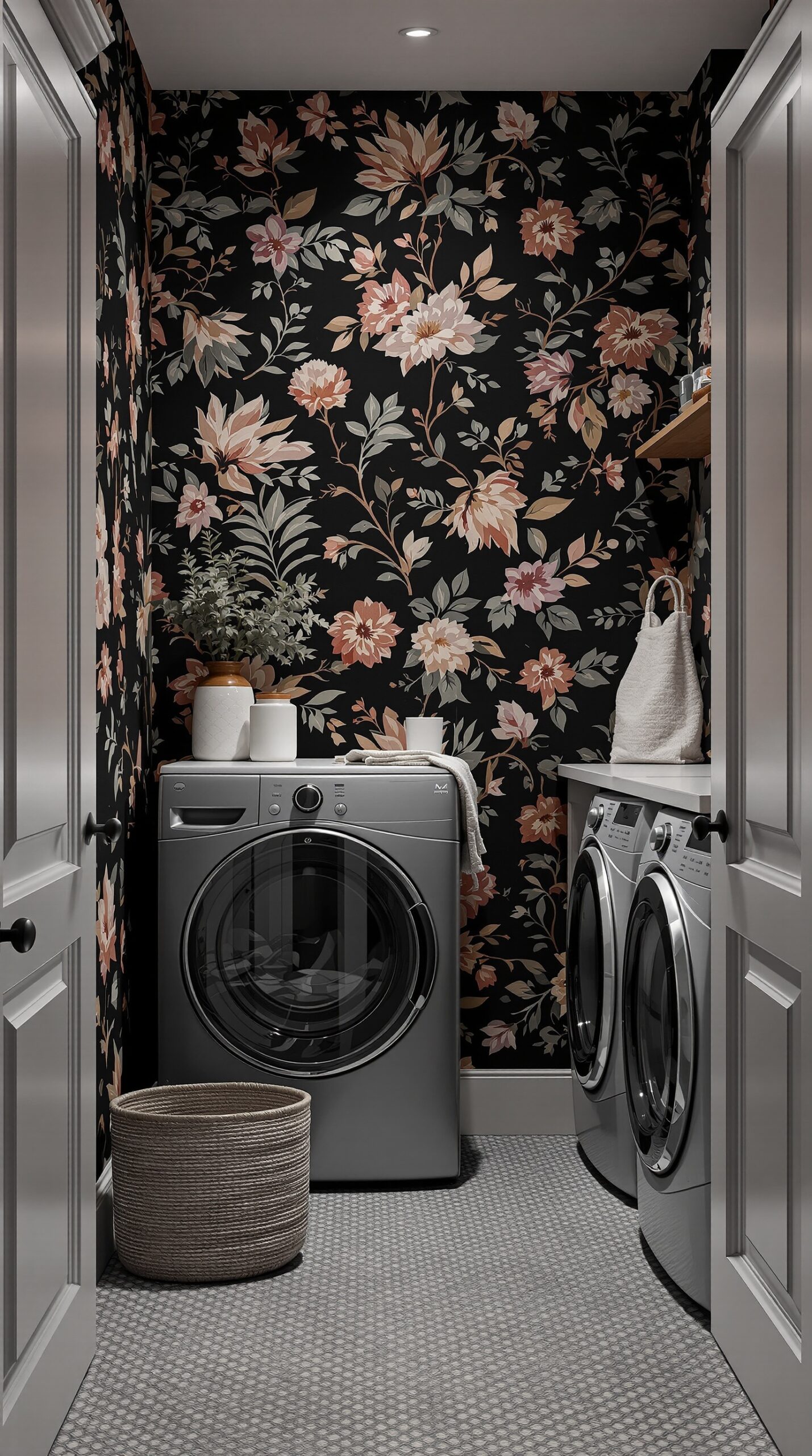 A modern laundry room featuring bold dark floral wallpaper, a washing machine, and a cozy decor.