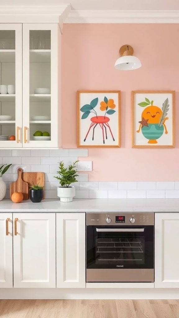 A cozy kitchen featuring a blush pink accent wall with colorful artwork, white cabinets, and a modern oven.