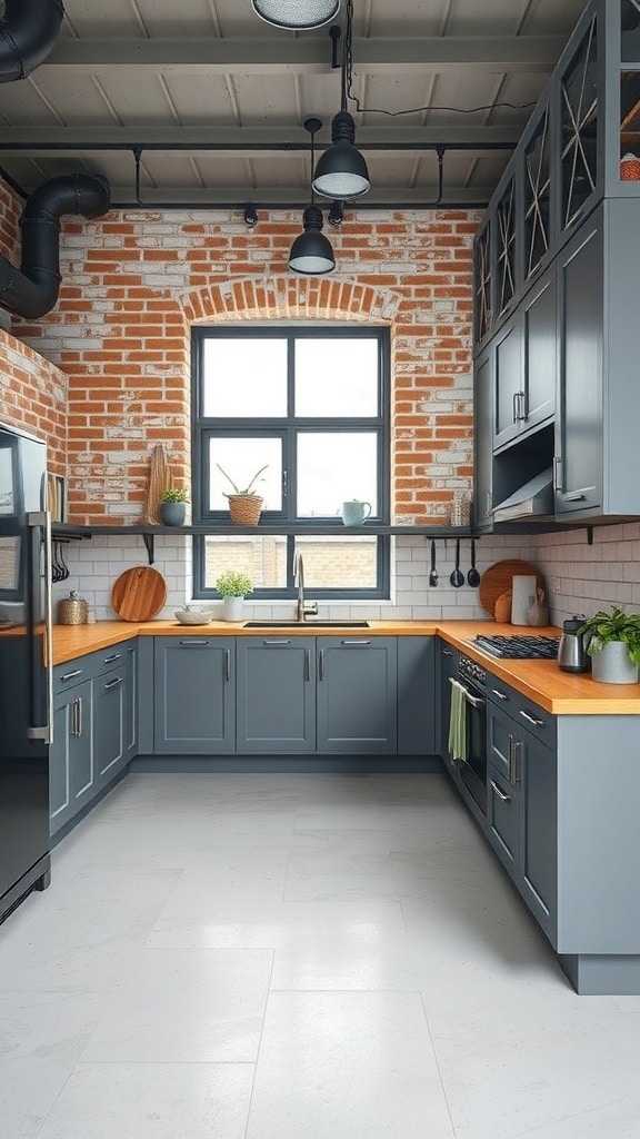 A modern industrial kitchen featuring gray cabinets, exposed brick walls, and wooden countertops.