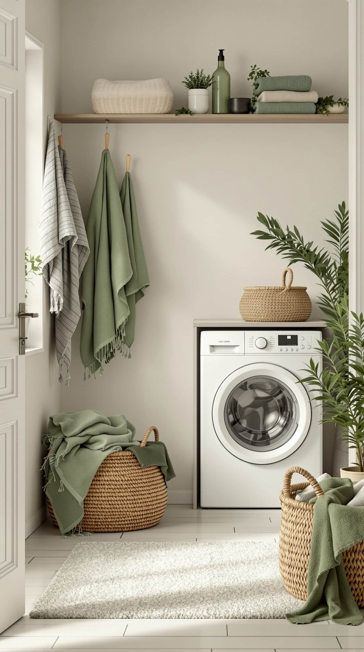 A stylish laundry room featuring earthy green textiles, woven baskets, and plants.