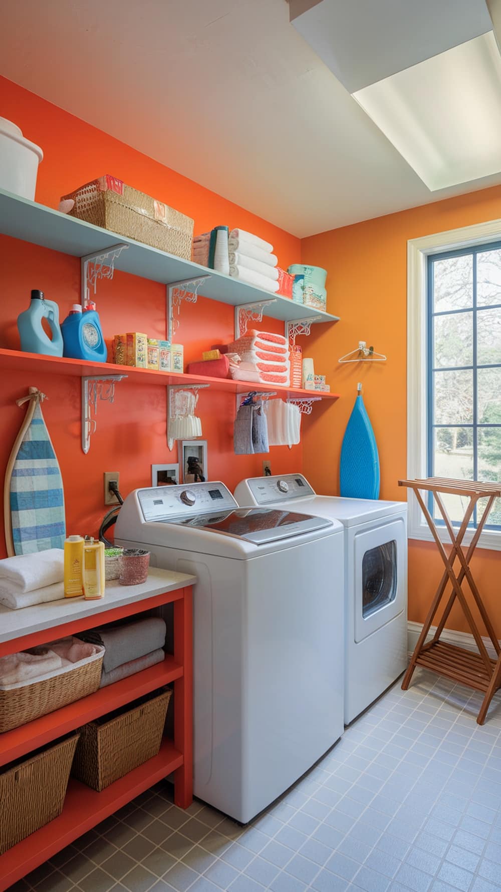 Laundry room with bold orange accent wall and light blue shelves, featuring white appliances and organized supplies.