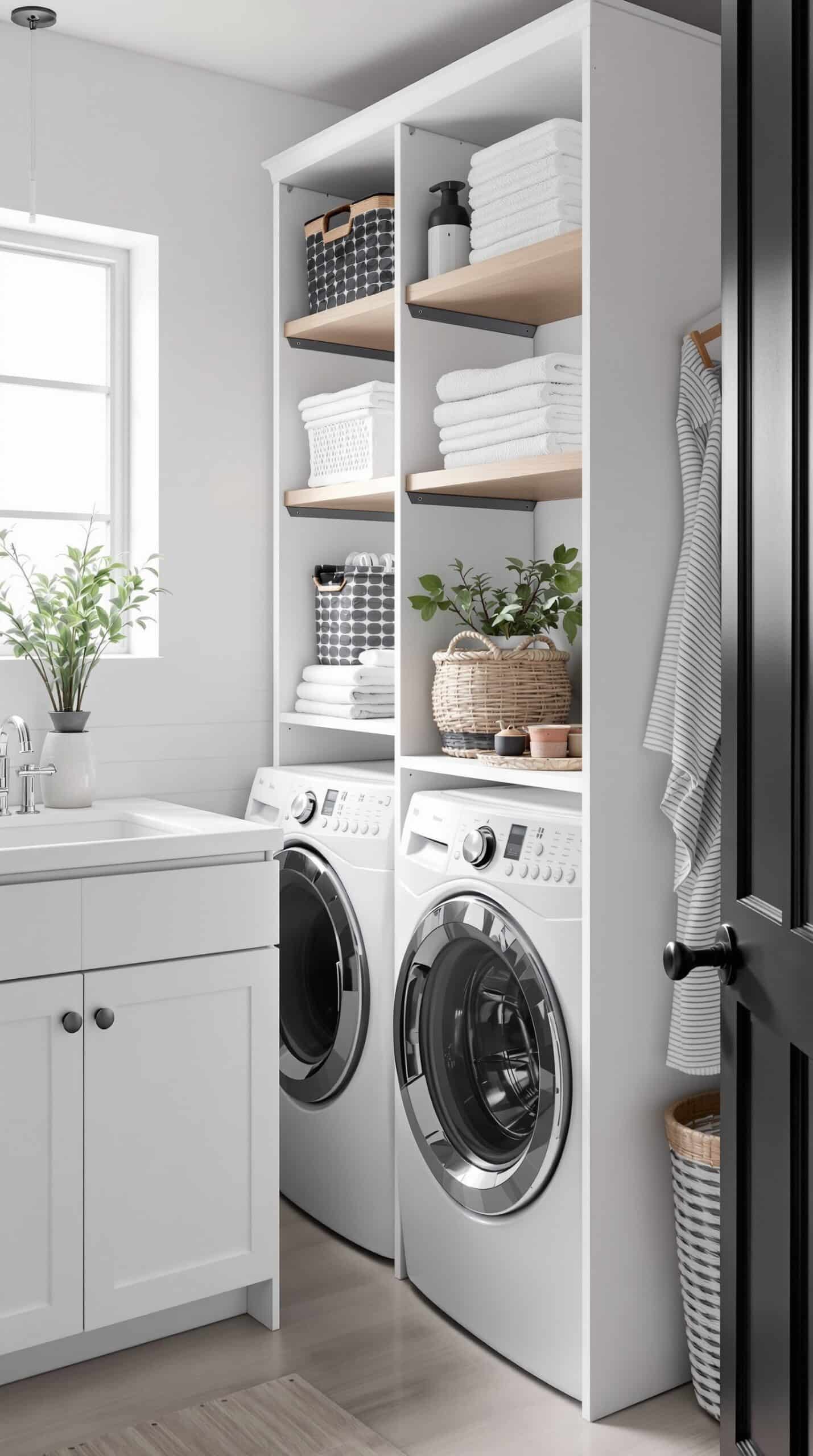 A minimalist laundry room with white shelves, neatly folded towels, and a washer and dryer.