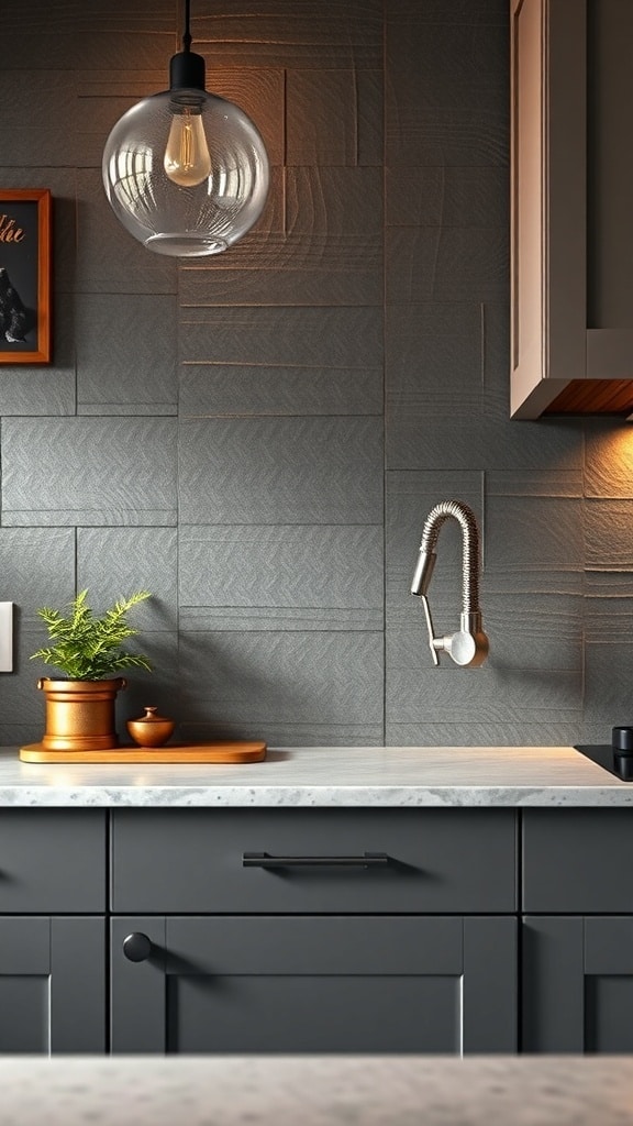 Textured gray backsplash in a modern kitchen with dark cabinets and a light countertop
