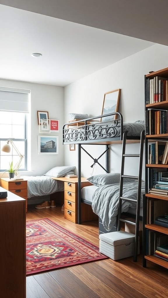 A dorm room featuring a lofted bed, a separate sleeping area, and a bookshelf acting as a space divider.