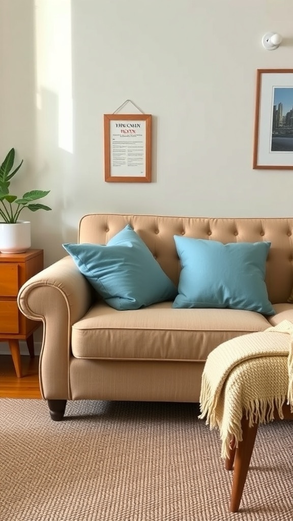 A vintage sofa with light blue throw pillows and a cozy throw blanket.