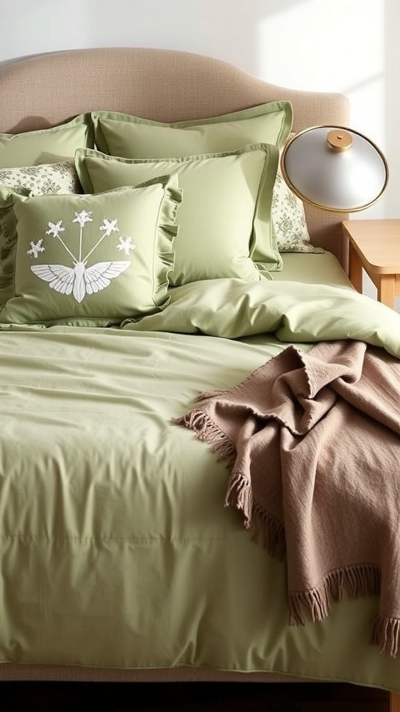 A cozy bed with sage green bedding, featuring various pillows and a light brown throw blanket.