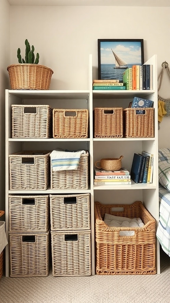 A shelving unit with woven baskets, books, and a potted plant, showcasing coastal storage solutions.