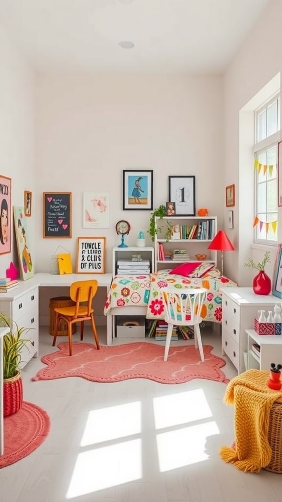 A colorful and playful dorm room with bright furniture, cheerful bedding, and creative wall art.