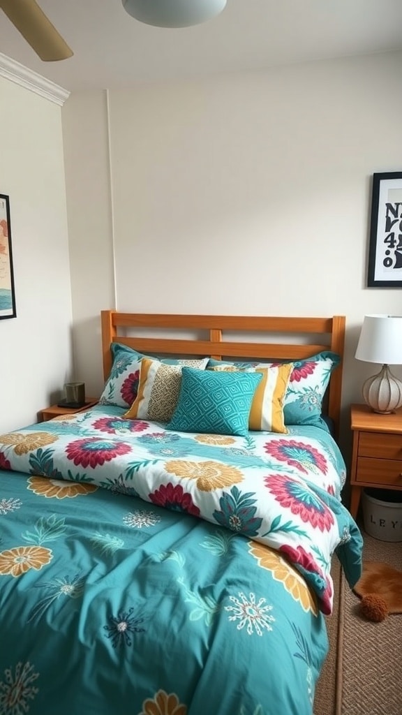 A vibrant teal bedding set with floral patterns and colorful pillows on a wooden bed frame in a dorm room.