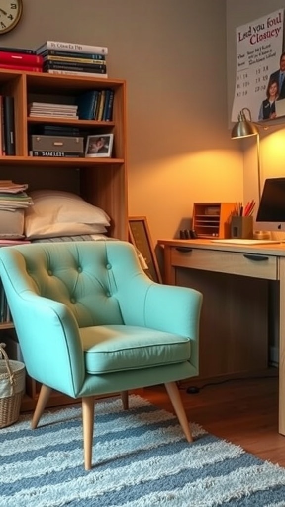 A mint green accent chair in a cozy dorm room setting with wooden furniture and a desk.
