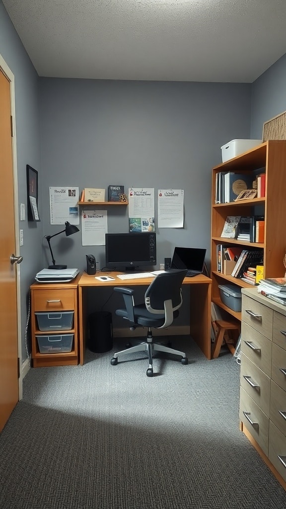 A functional study nook in a dorm room with a desk, computer, and bookshelves.