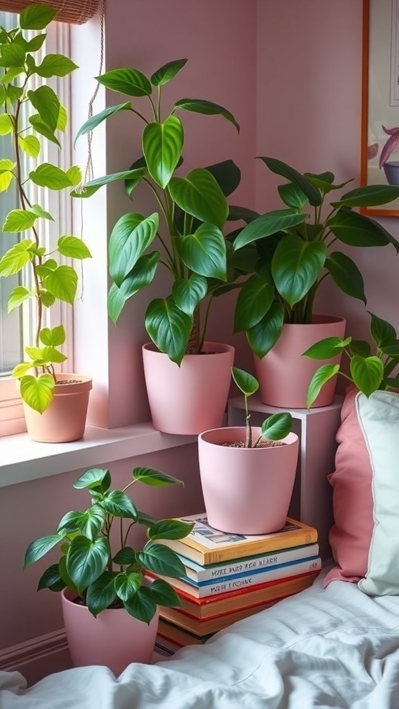Cozy dorm room corner with blush pink plant pots and greenery