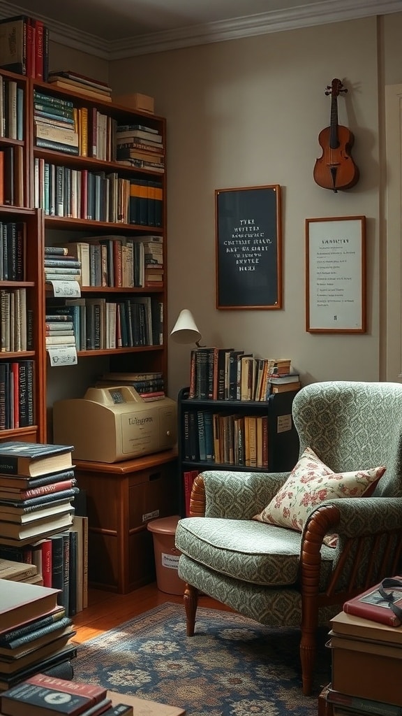 Cozy reading nook with vintage books, an armchair, and warm lighting.