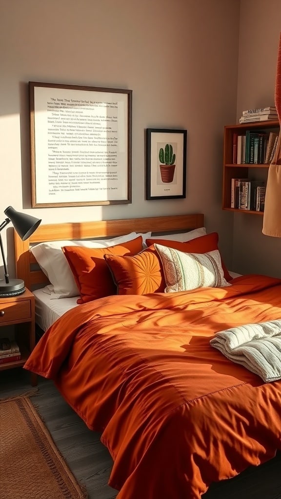 Cozy dorm room with burnt sienna bedding and decorative pillows