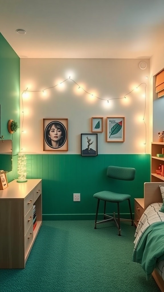 A cozy dorm room with an emerald green accent wall, fairy lights, and stylish decor.