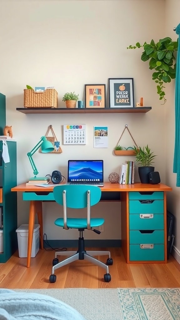 A teal-themed study nook with a desk, computer, and decorative elements.
