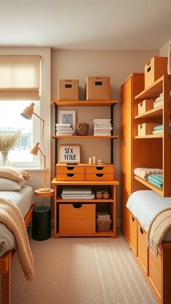 A cozy dorm room with earthy ochre yellow storage solutions, including shelving and drawers.