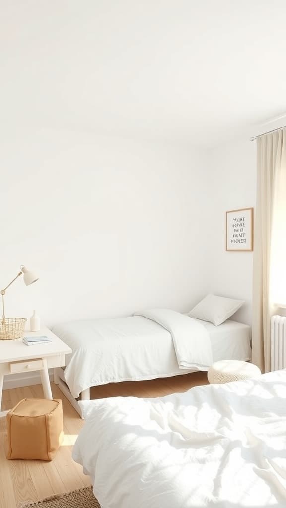 A minimalist dorm room featuring white walls, simple furniture, and neutral tones.