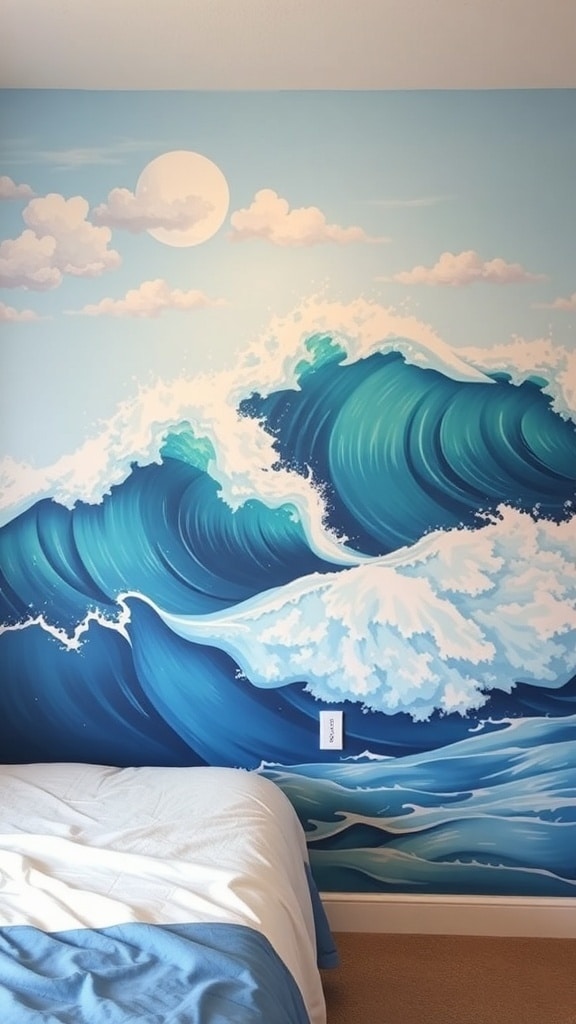 A vibrant ocean wave mural on a wall, featuring deep blue waves and a bright sun.