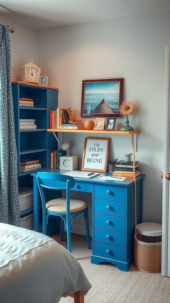 A bright blue desk and bookshelf in a coastal-themed study area, featuring a clock, framed beach photo, and organized books.