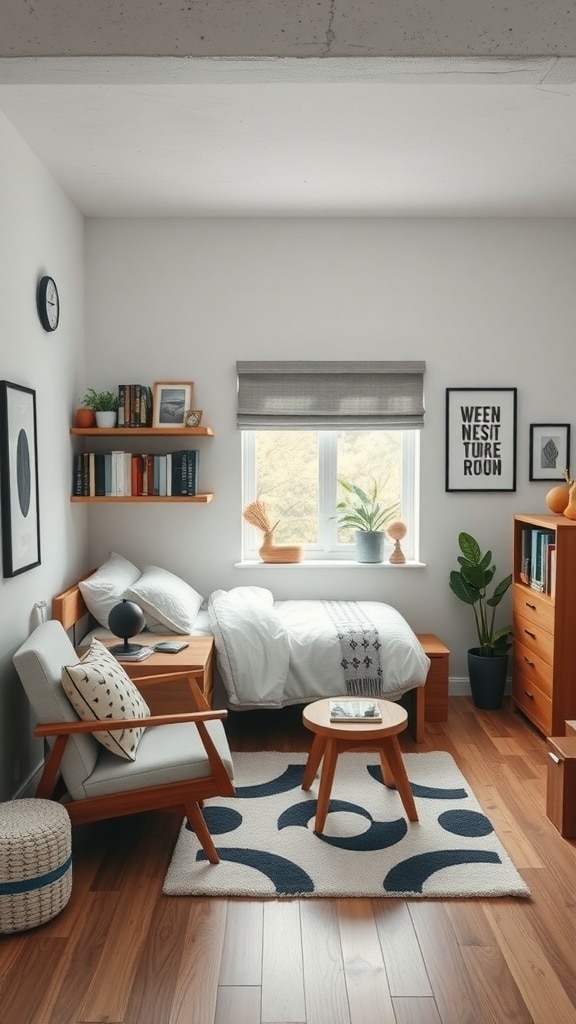 A cozy dorm room featuring a cement ceiling and wooden furniture, with a bed, chair, and plants.