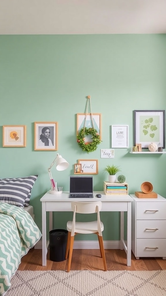 A dorm room featuring a mint green accent wall, a white desk with a laptop, and decorative art on the wall.