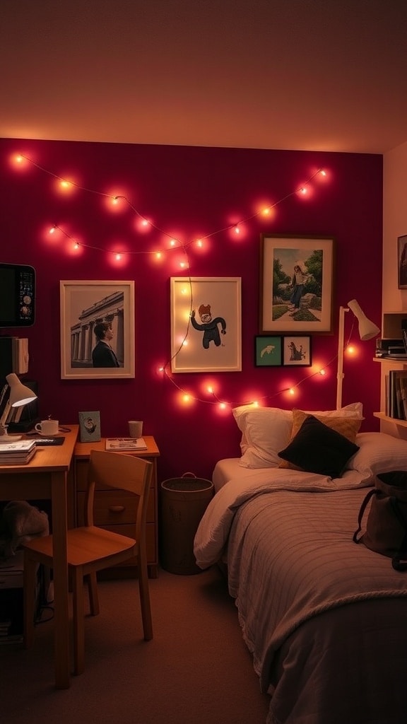 A cozy dorm room featuring a burgundy accent wall with string lights and framed artwork.