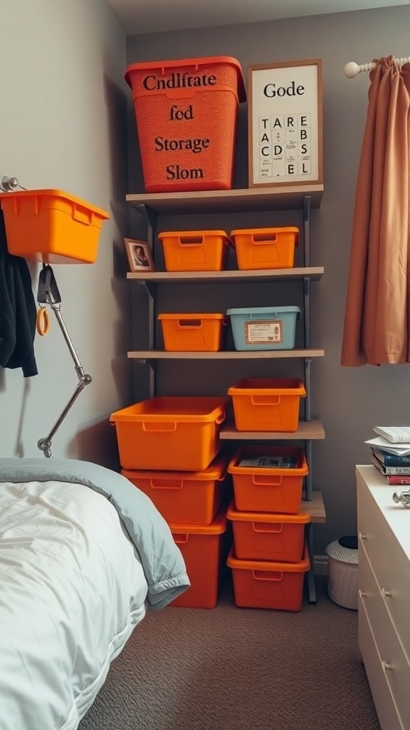 Colorful orange storage bins on shelves in a dorm room.