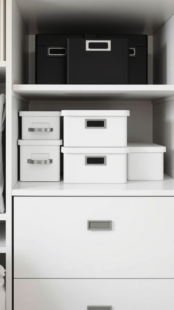 Stylish black and white storage boxes on shelves