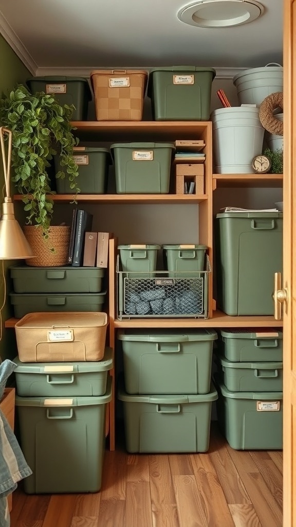 Organized storage solutions in olive green bins on wooden shelves, featuring plants and a cozy atmosphere.