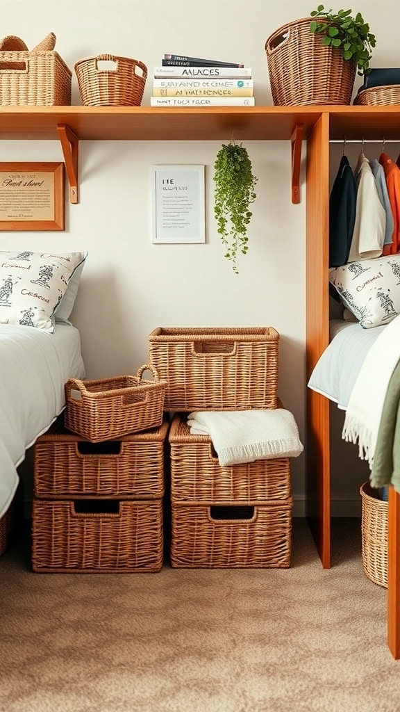 A cozy dorm room with woven baskets for storage, featuring a shelf with books and plants.