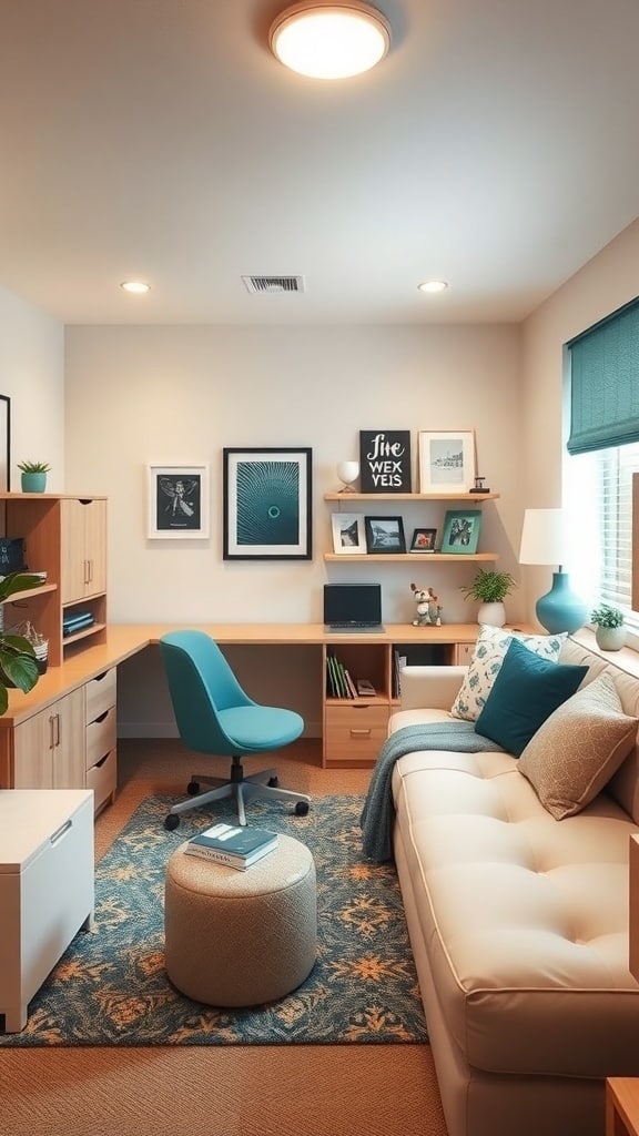 A stylish dorm room featuring peacock blue accents, light-colored furniture, and a cozy atmosphere.