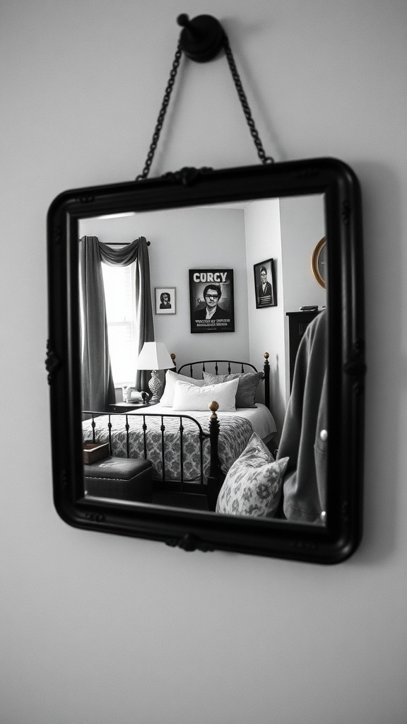 A black-framed wall mirror reflecting a cozy dorm room with a bed and wall art.