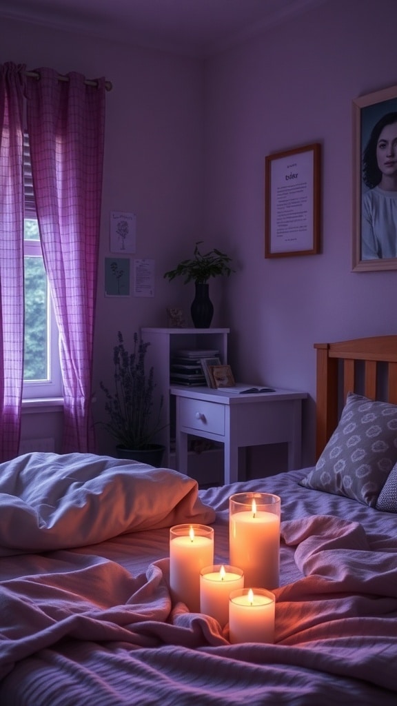 A cozy dorm room with lavender scented candles on a bed, soft blankets, and warm lighting.