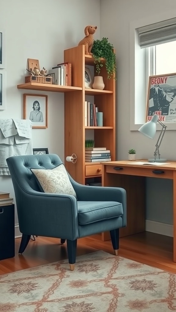 A cozy dorm room featuring slate blue accent furniture, including a chair and a desk, with wooden shelves and decorative items.