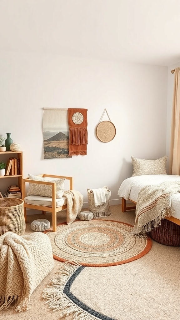 A cozy boho beige dorm room featuring layered textiles, including rugs, throws, and wall hangings.