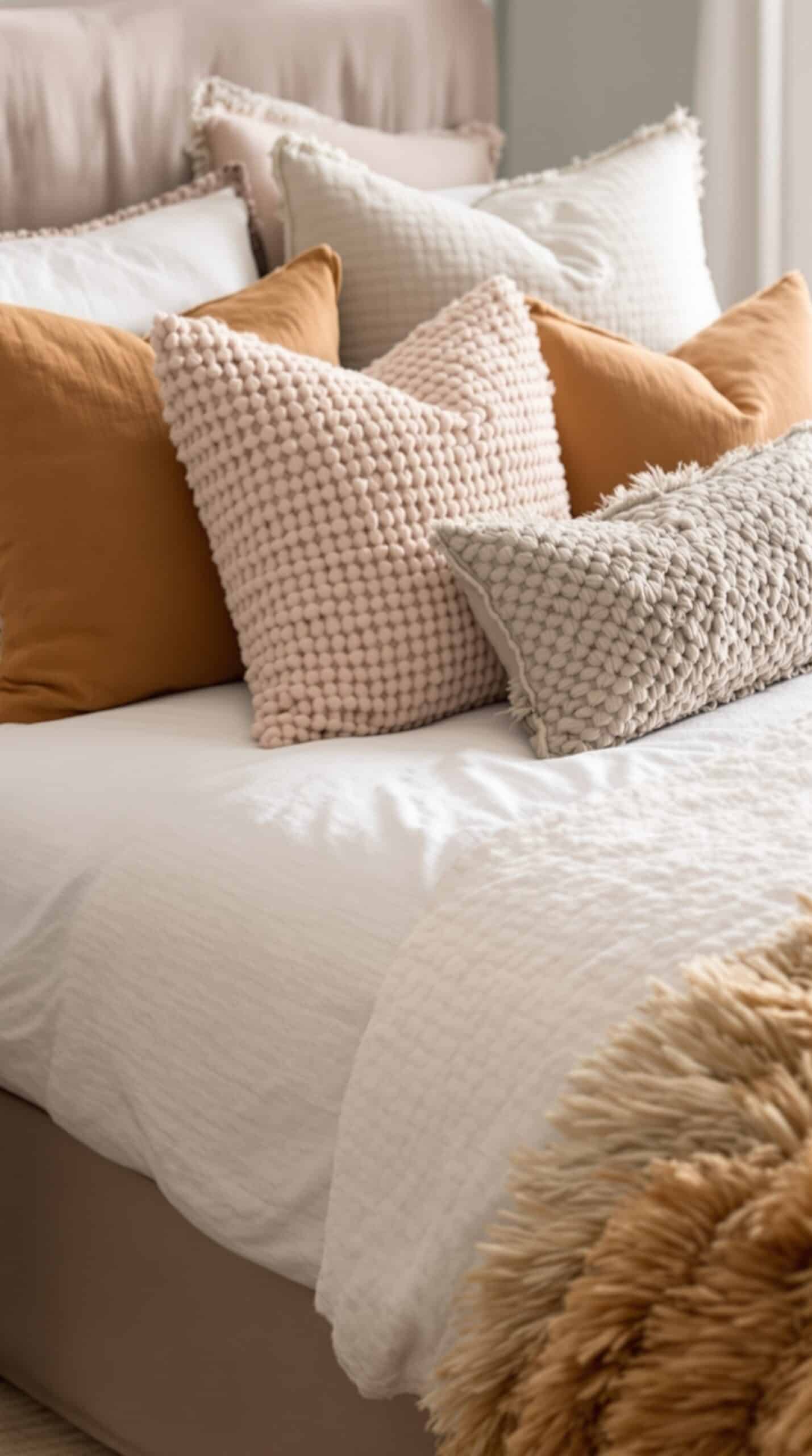 A cozy arrangement of textured caramel throw pillows on a bed with a framed art piece in the background.