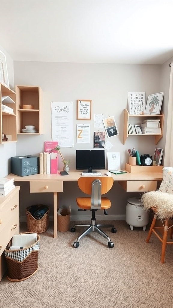 A cozy study nook with a wooden desk, shelves, and a comfortable chair in a greige dorm room.