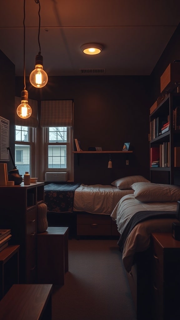 A cozy dorm room featuring soft lighting with Edison bulbs hanging above two beds.