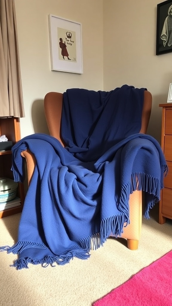Indigo throw blanket draped over a chair in a cozy dorm room setting