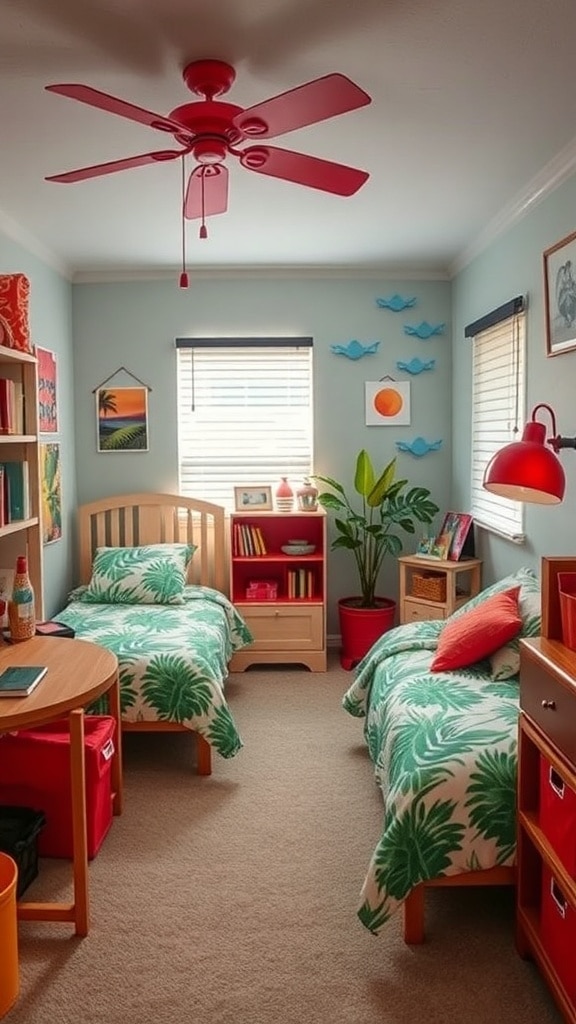 A bright dorm room featuring palm print bedding, a red ceiling fan, and colorful decor.