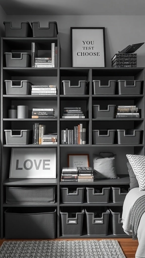 A gray shelving unit with various storage bins, books, and framed art in a dorm room.