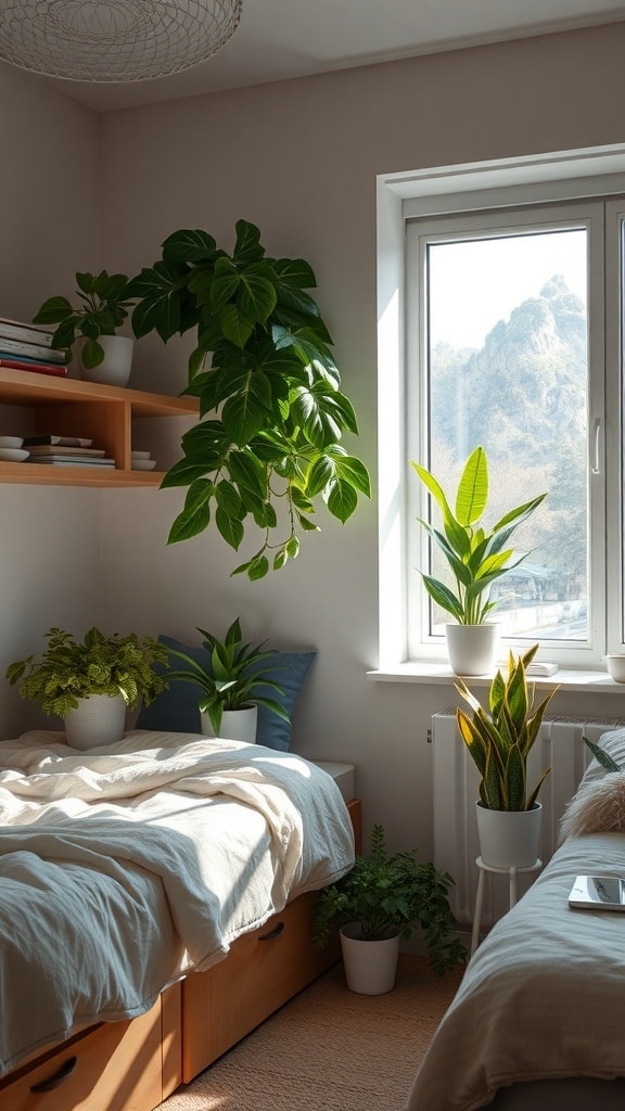 A cozy dorm room featuring various indoor plants, including a large leafy plant by the window and smaller plants on shelves and beside beds.