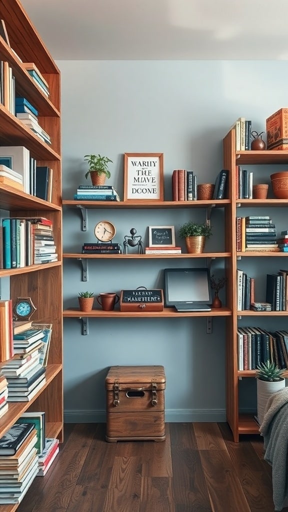 Rustic shelving units with books and plants against a dusty blue wall