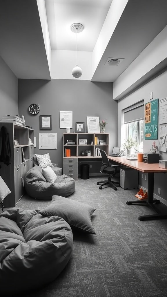 A modern gray dorm room with bean bag chairs and a desk