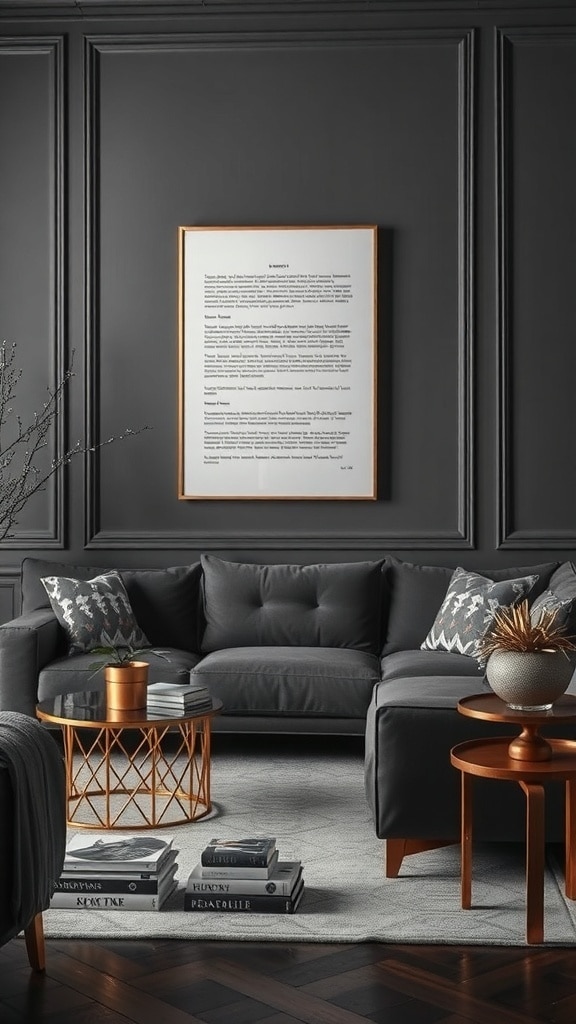 A stylish dorm room featuring a charcoal gray sofa, metallic accents in the coffee table and plant pot, and a cozy atmosphere.