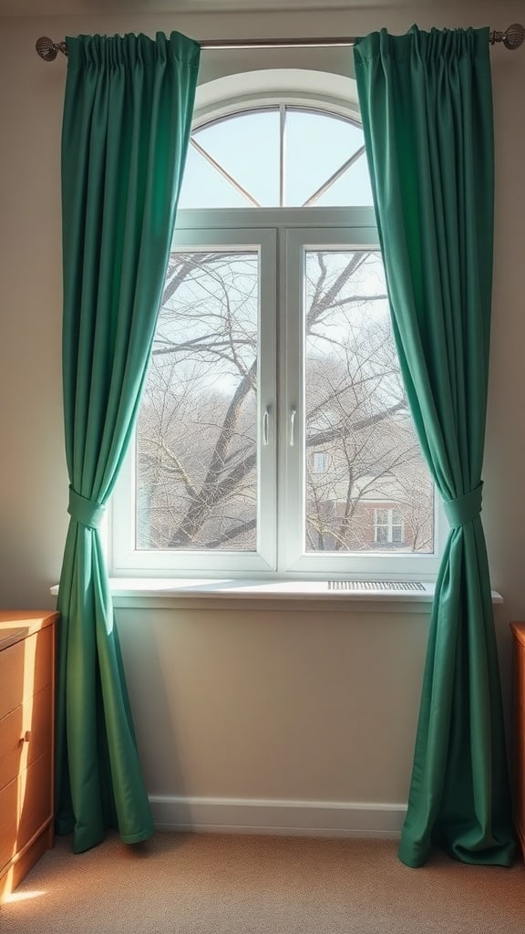 Emerald green curtains framing a window in a dorm room