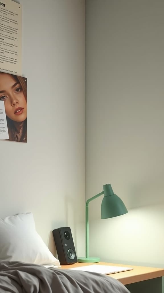 A sage green lamp on a desk beside a bed in a dorm room.