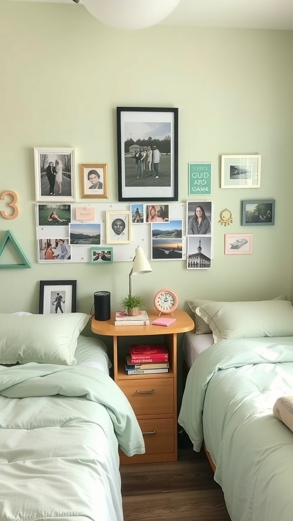 A sage green dorm room with two beds, framed photos on the wall, and a bedside table with books and a plant.