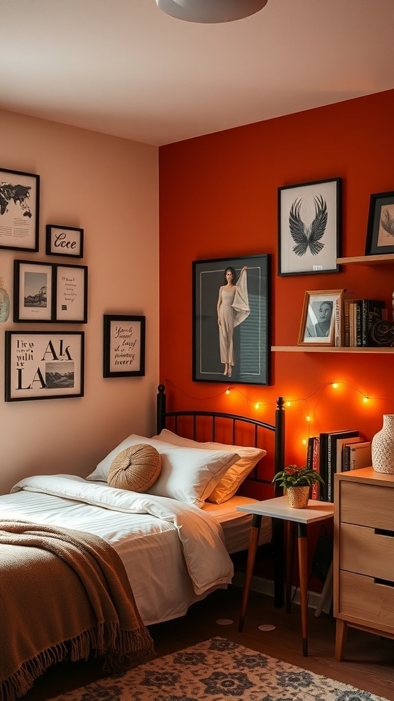 A dorm room featuring a burnt sienna accent wall with framed art, cozy bedding, and warm lighting.